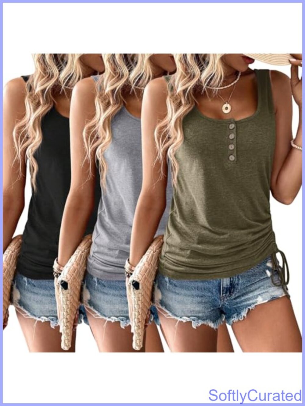 3 Pack Cotton Tank Tops Sleeveless Button V-Neck Summer Casual Women's Shirts